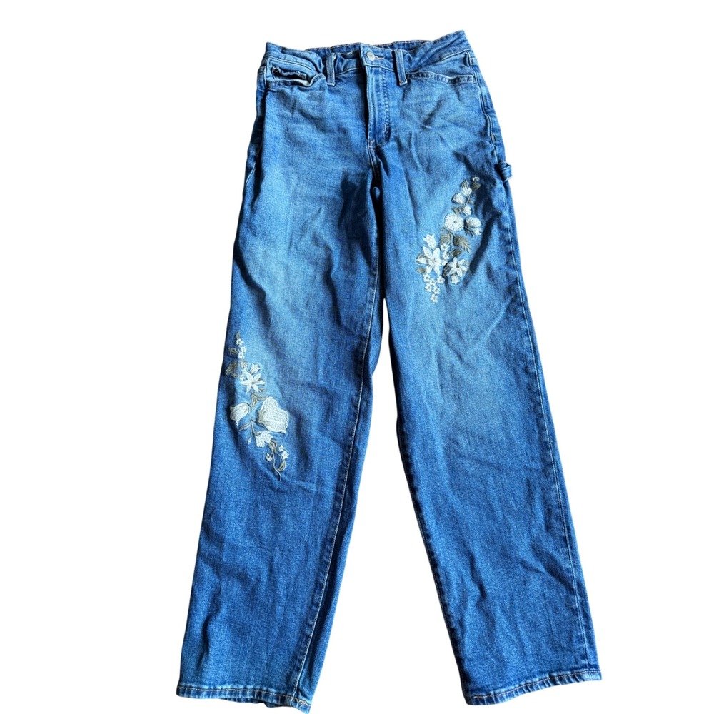 Old Navy OG Loose High Rise Floral Embroidered Jeans Medium Wash Blue Tall 2